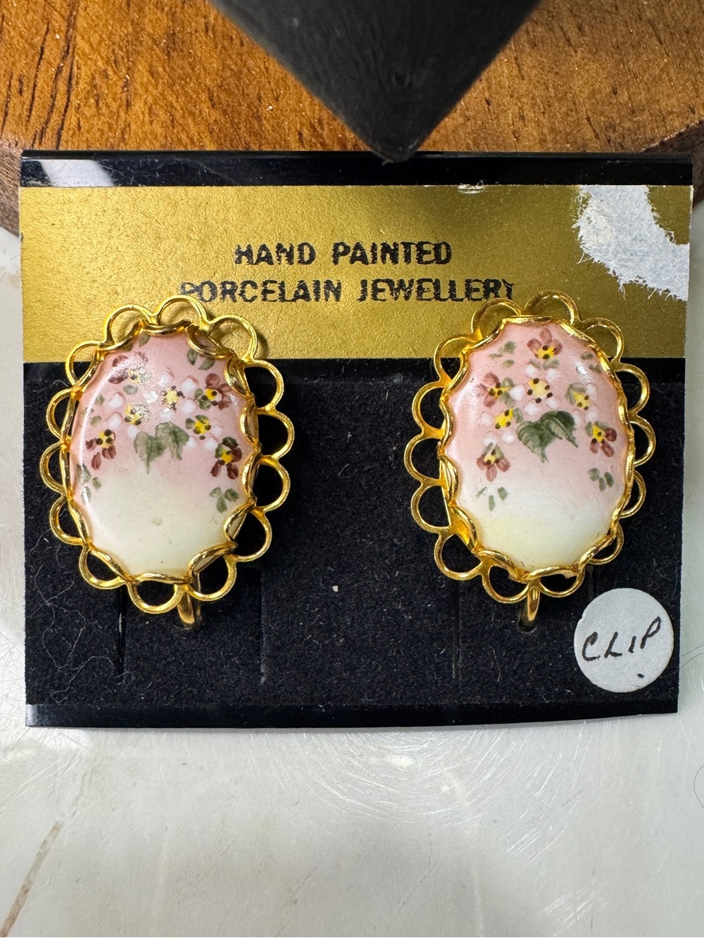 Vintage Hand Painted Porcelain Clip-On Earrings - Pink Floral
